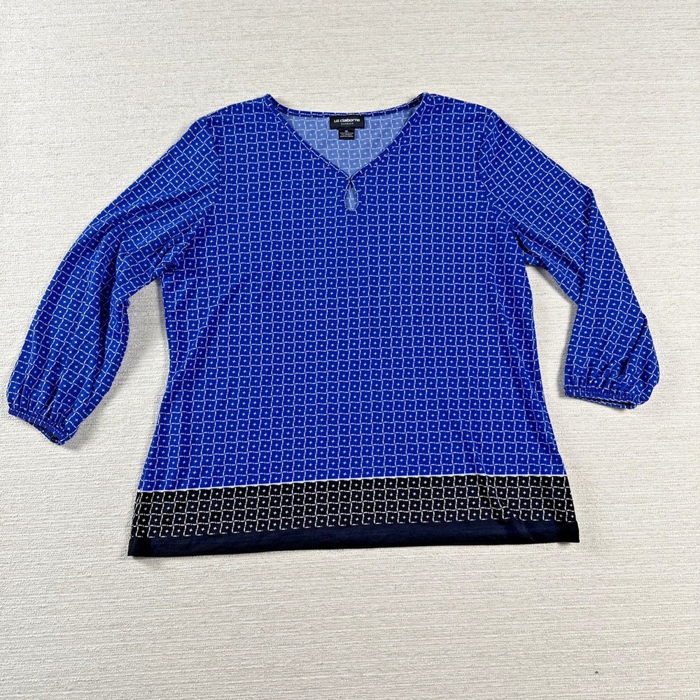 Coastal Grandma Career Office Geometric Tunic Blouse XL Liz Claiborne Blue